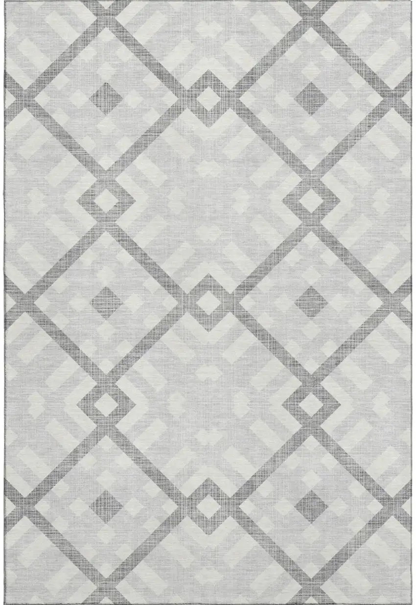 Silver And Ivory Geometric Washable Area Rug With UV Protection Photo 1