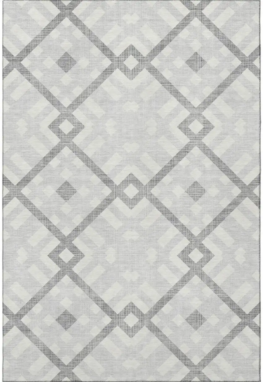 Silver And Ivory Geometric Washable Area Rug With UV Protection Photo 3
