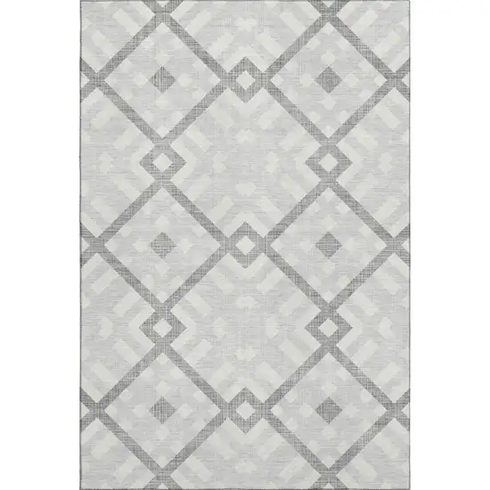 Silver And Ivory Geometric Washable Area Rug With UV Protection Photo 1
