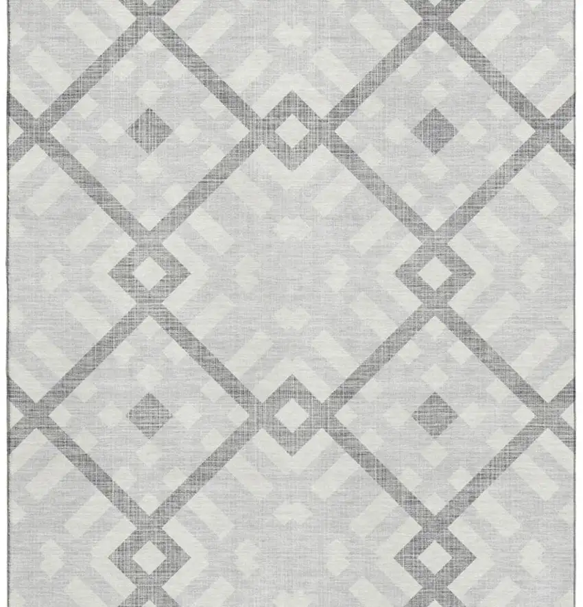Silver And Ivory Geometric Washable Area Rug With UV Protection Photo 2