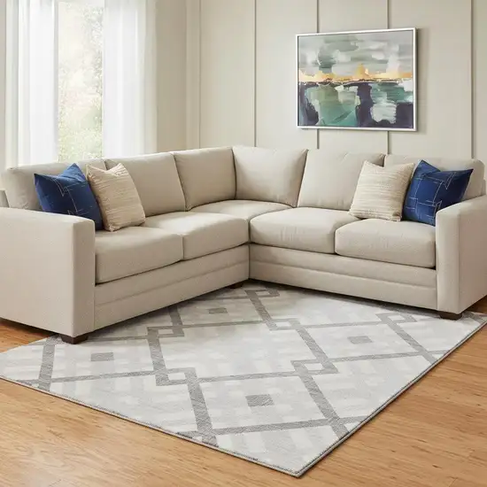 Silver And Ivory Geometric Washable Area Rug With UV Protection Photo 2