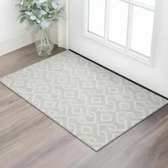 Silver And Ivory Geometric Washable Area Rug With UV Protection Photo 1