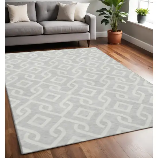 Silver And Ivory Geometric Washable Area Rug With UV Protection Photo 2