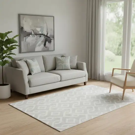 Silver And Ivory Geometric Washable Area Rug With UV Protection Photo 1
