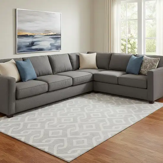 Silver And Ivory Geometric Washable Area Rug With UV Protection Photo 1