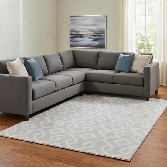 Silver And Ivory Geometric Washable Area Rug With UV Protection Photo 1