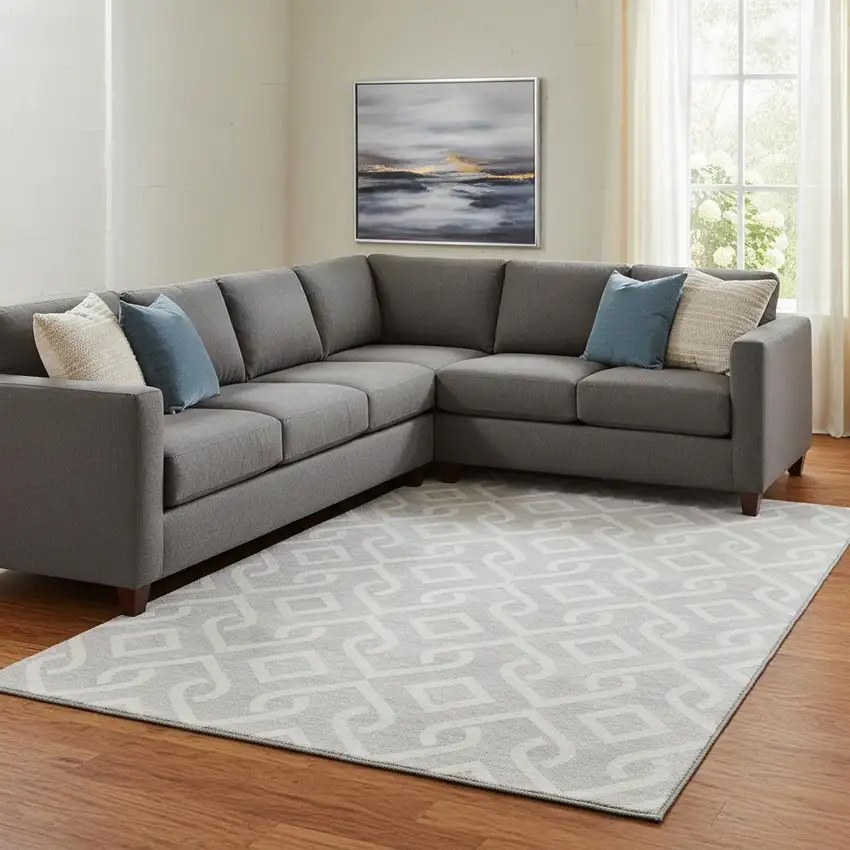 Silver And Ivory Geometric Washable Area Rug With UV Protection Photo 1