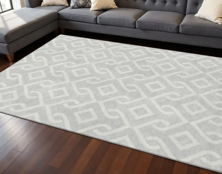 Silver And Ivory Geometric Washable Area Rug With UV Protection Photo 2