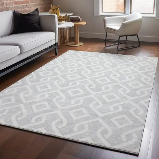 Silver And Ivory Geometric Washable Area Rug With UV Protection Photo 5