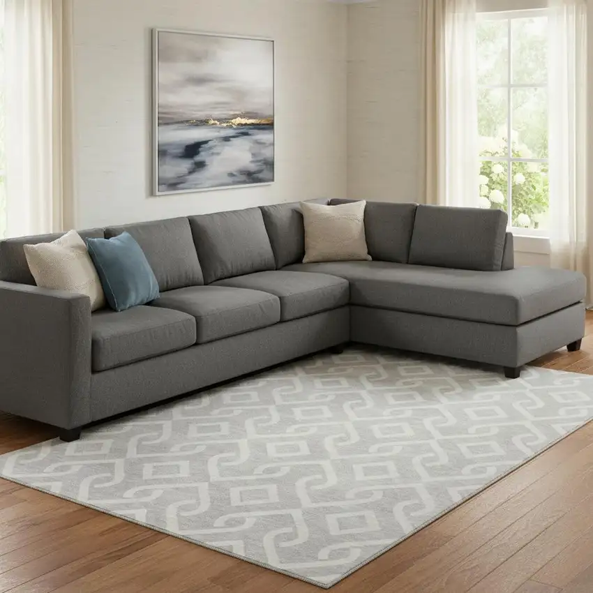 Silver And Ivory Geometric Washable Area Rug With UV Protection Photo 1