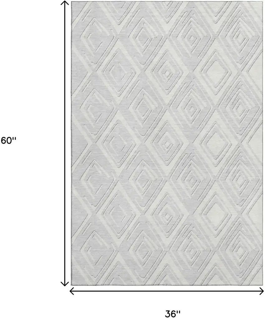 Silver And Ivory Geometric Washable Area Rug With UV Protection Photo 3