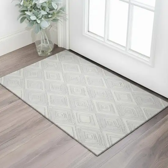 Silver And Ivory Geometric Washable Area Rug With UV Protection Photo 1