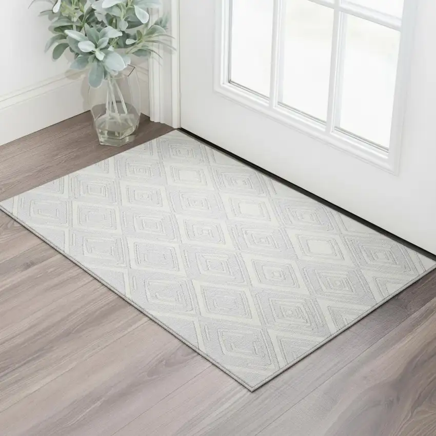 Silver And Ivory Geometric Washable Area Rug With UV Protection Photo 1