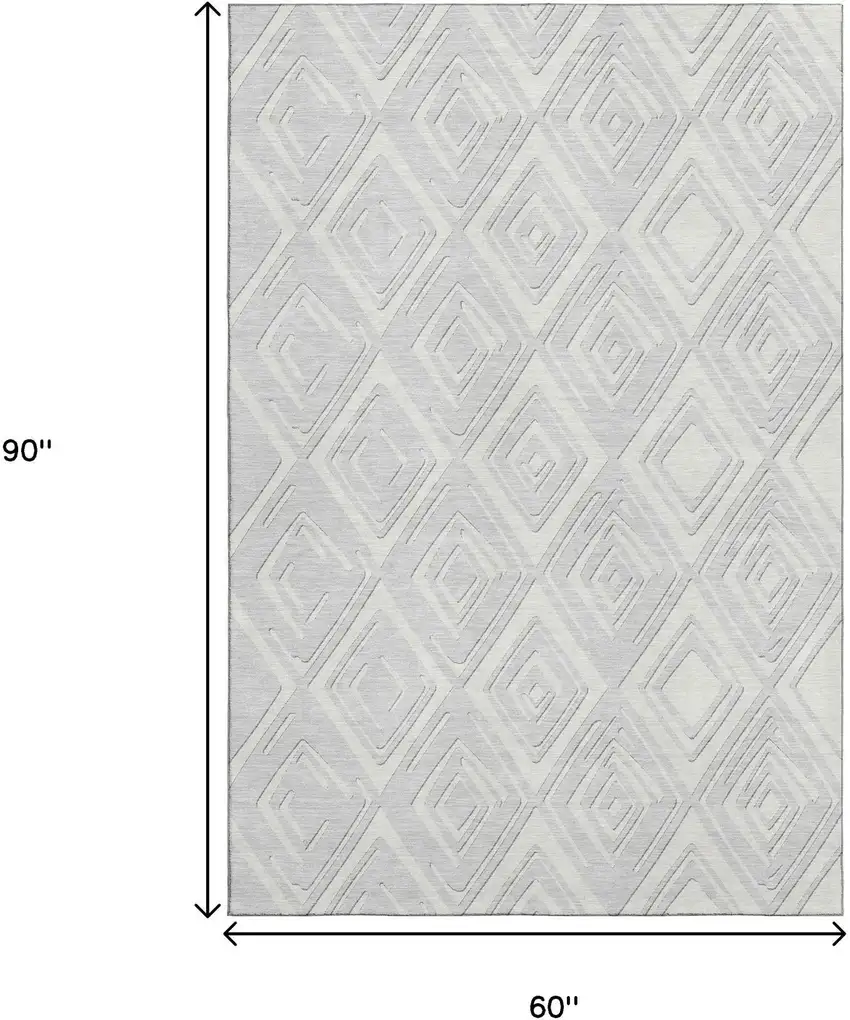 Silver And Ivory Geometric Washable Area Rug With UV Protection Photo 3