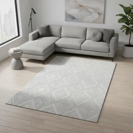 Silver And Ivory Geometric Washable Area Rug With UV Protection Photo 1