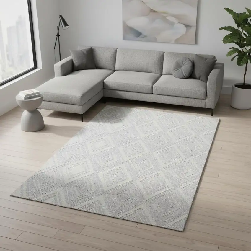 Silver And Ivory Geometric Washable Area Rug With UV Protection Photo 1