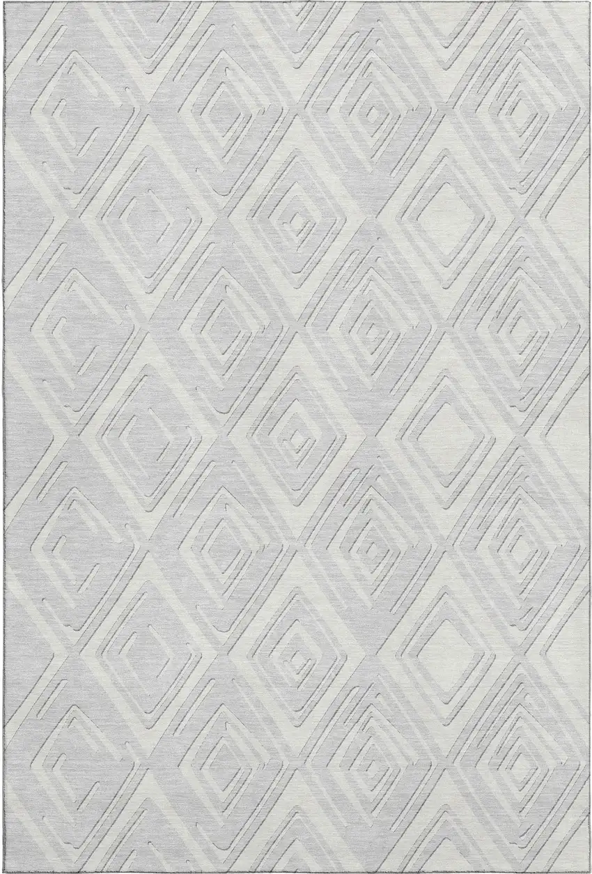 Silver And Ivory Geometric Washable Area Rug With UV Protection Photo 2