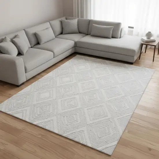 Silver And Ivory Geometric Washable Area Rug With UV Protection Photo 1