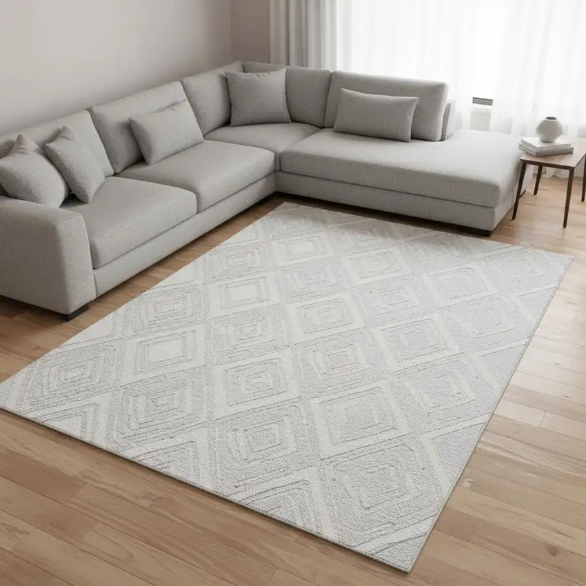 Silver And Ivory Geometric Washable Area Rug With UV Protection Photo 1