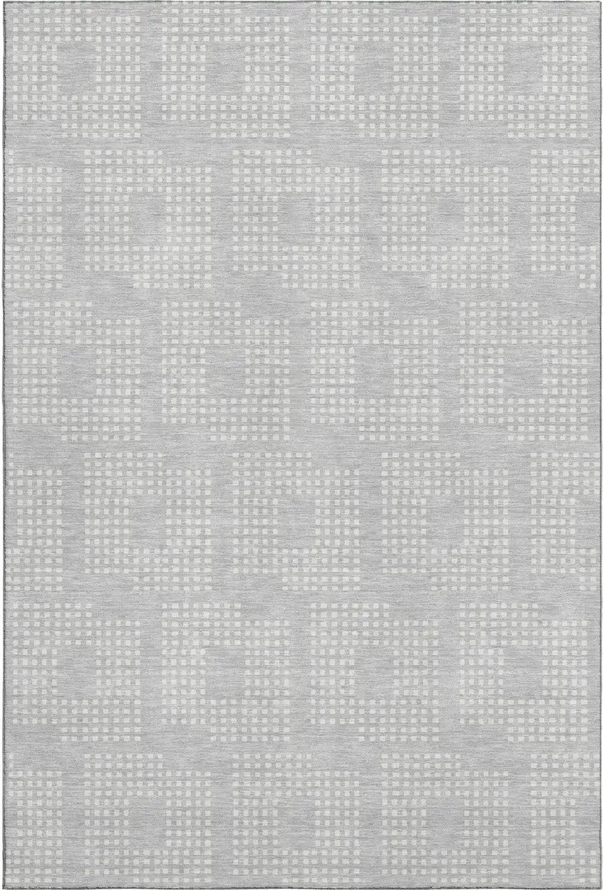 Silver And Ivory Geometric Washable Area Rug With UV Protection Photo 1