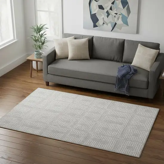 Silver And Ivory Geometric Washable Area Rug With UV Protection Photo 2