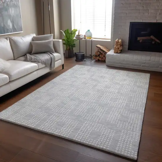 Silver And Ivory Geometric Washable Area Rug With UV Protection Photo 6