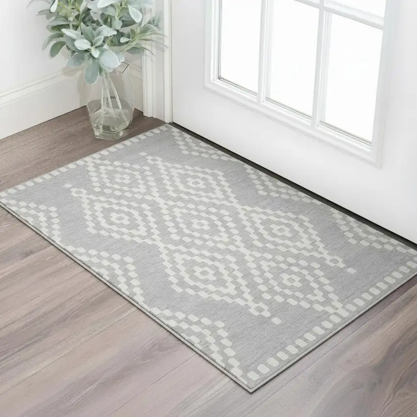 Silver And Ivory Geometric Washable Area Rug With UV Protection Photo 2