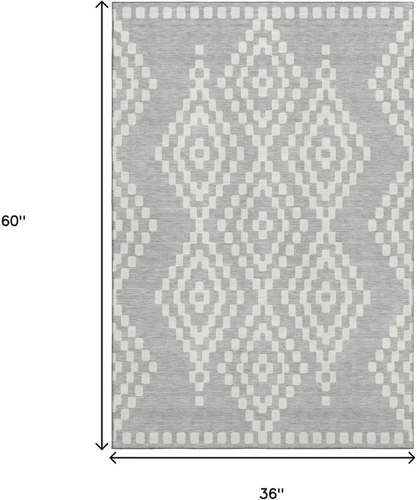 Silver And Ivory Geometric Washable Area Rug With UV Protection Photo 3
