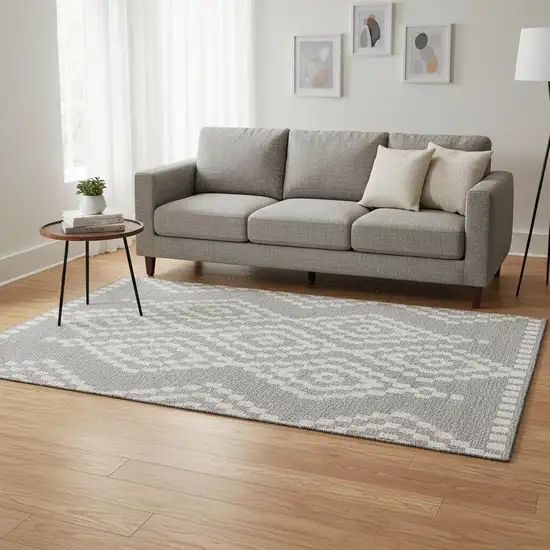 Silver And Ivory Geometric Washable Area Rug With UV Protection Photo 2