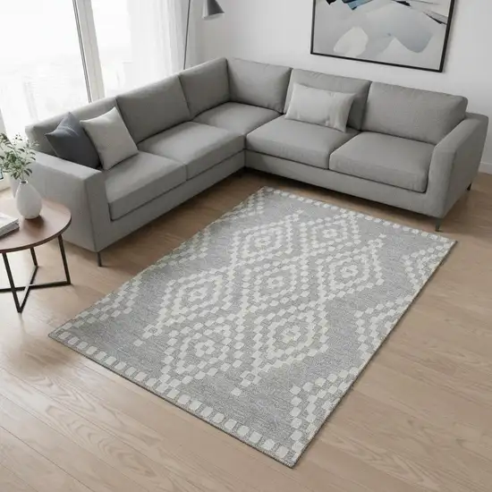 Silver And Ivory Geometric Washable Area Rug With UV Protection Photo 2