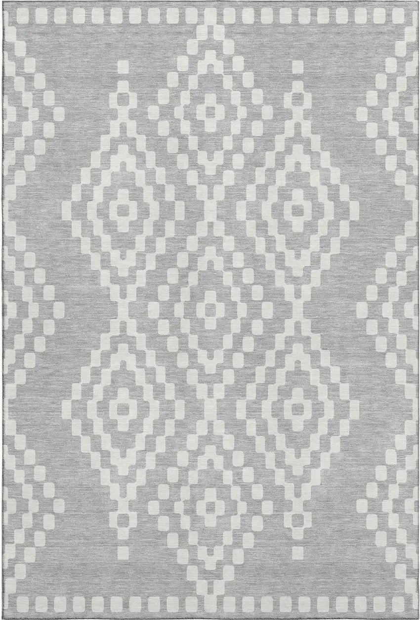 Silver And Ivory Geometric Washable Area Rug With UV Protection Photo 1