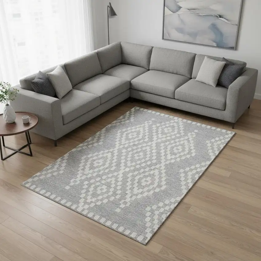 Silver And Ivory Geometric Washable Area Rug With UV Protection Photo 2