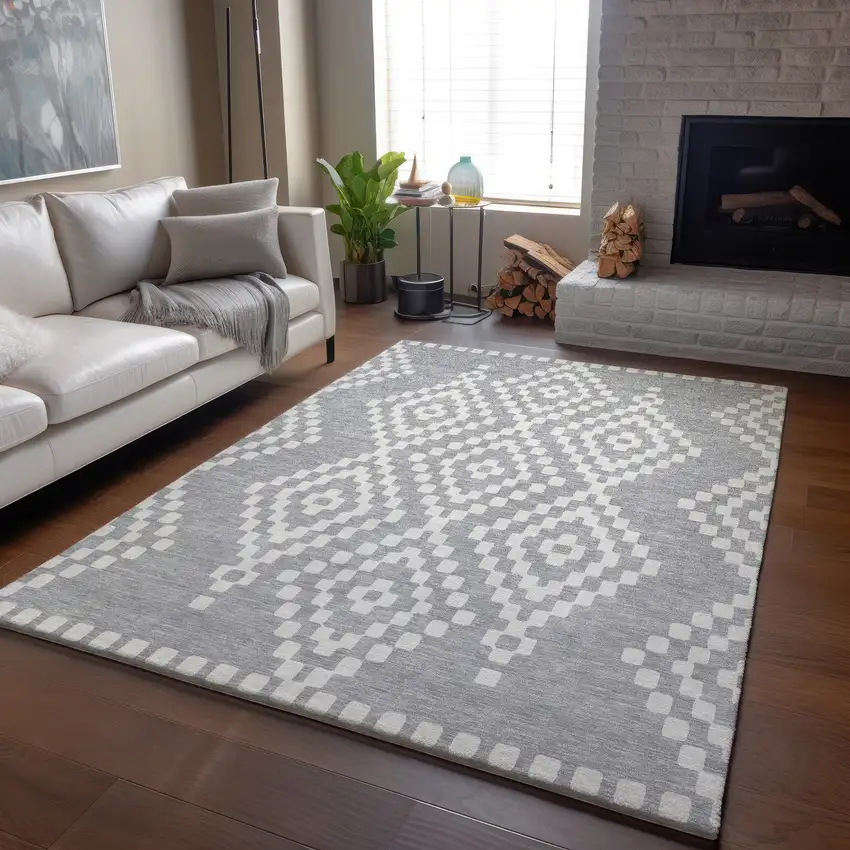 Silver And Ivory Geometric Washable Area Rug With UV Protection Photo 6
