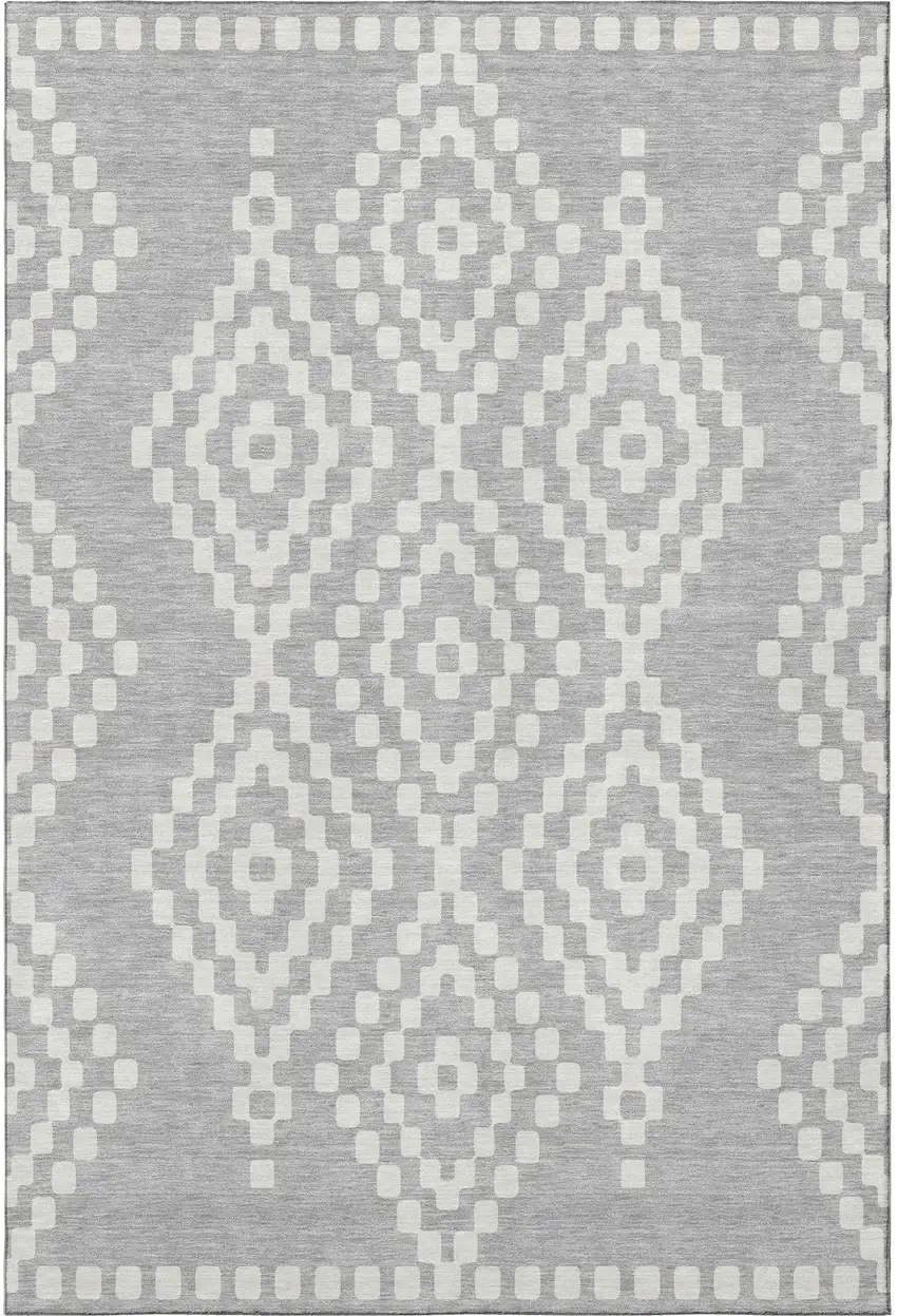 Silver And Ivory Geometric Washable Area Rug With UV Protection Photo 4