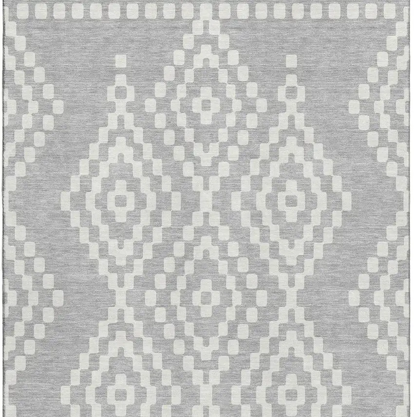 Silver And Ivory Geometric Washable Area Rug With UV Protection Photo 3