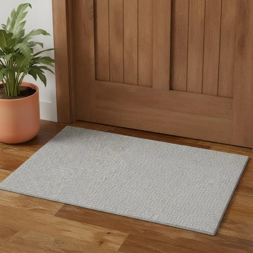 Silver And Ivory Geometric Washable Area Rug With UV Protection Photo 1