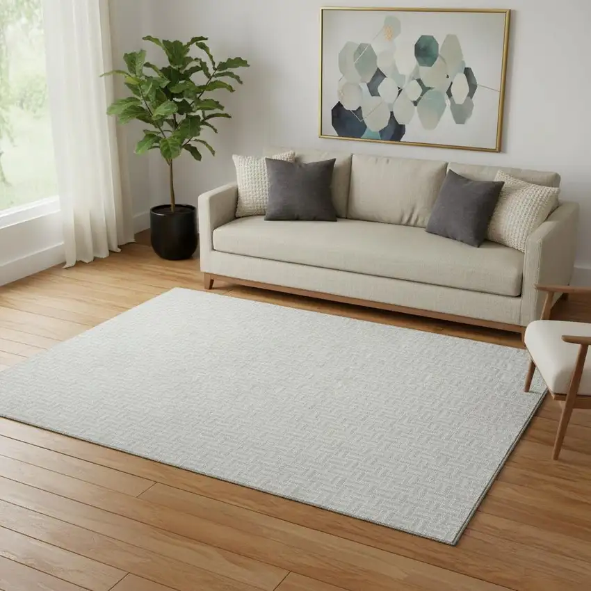 Silver And Ivory Geometric Washable Area Rug With UV Protection Photo 1