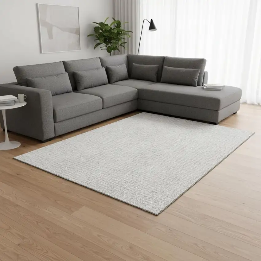 Silver And Ivory Geometric Washable Area Rug With UV Protection Photo 2