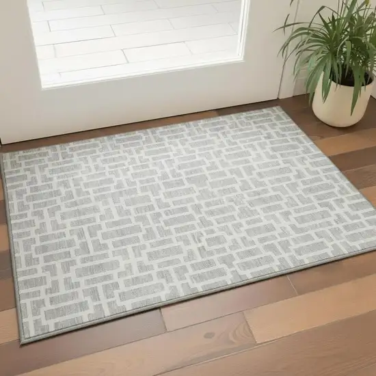 Silver And Ivory Geometric Washable Area Rug With UV Protection Photo 2