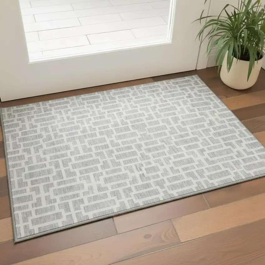 Silver And Ivory Geometric Washable Area Rug With UV Protection Photo 2