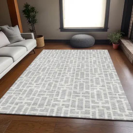 Silver And Ivory Geometric Washable Area Rug With UV Protection Photo 6