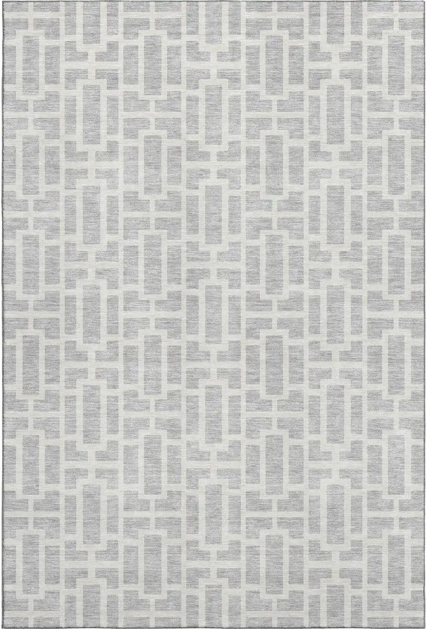 Silver And Ivory Geometric Washable Area Rug With UV Protection Photo 1
