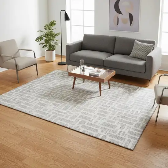 Silver And Ivory Geometric Washable Area Rug With UV Protection Photo 2