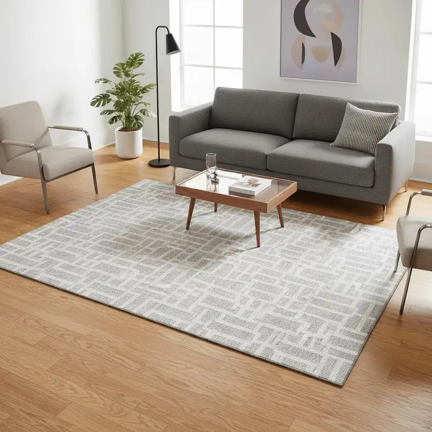 Silver And Ivory Geometric Washable Area Rug With UV Protection Photo 2