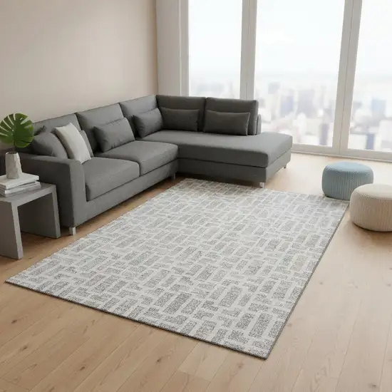 Silver And Ivory Geometric Washable Area Rug With UV Protection Photo 2