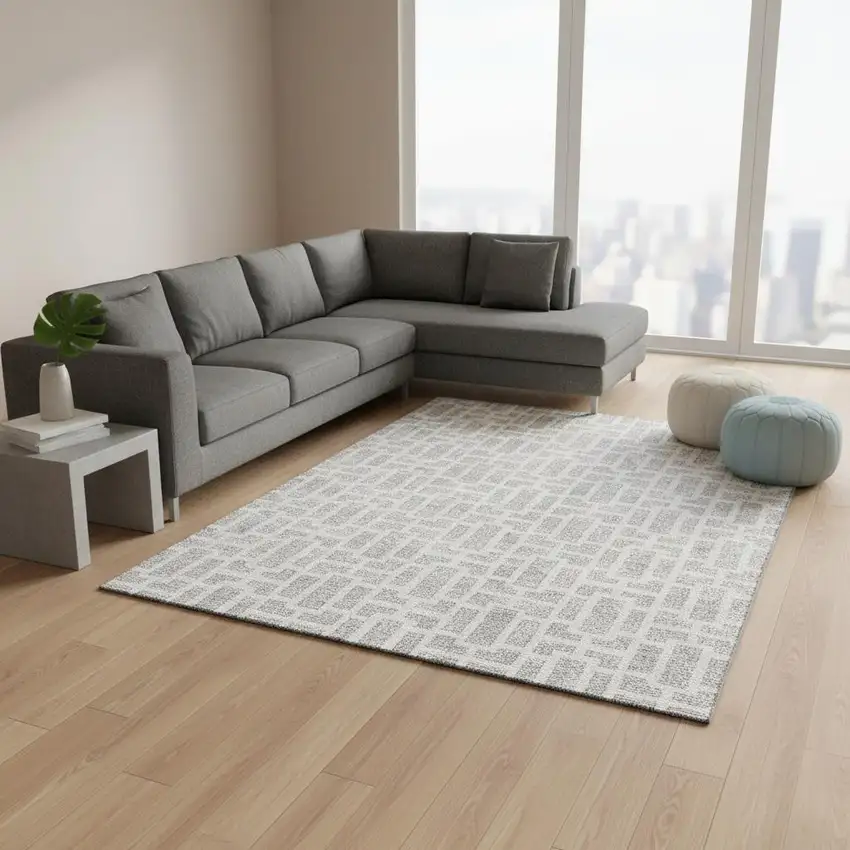 Silver And Ivory Geometric Washable Area Rug With UV Protection Photo 2