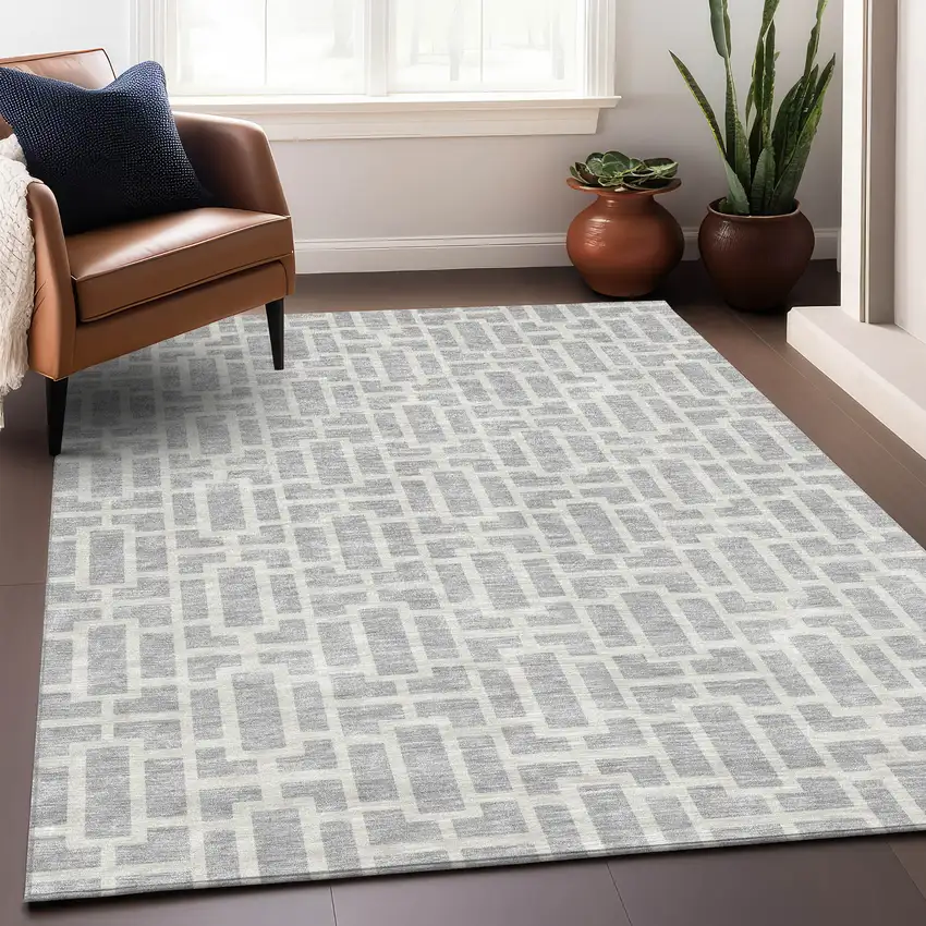 Silver And Ivory Geometric Washable Area Rug With UV Protection Photo 5