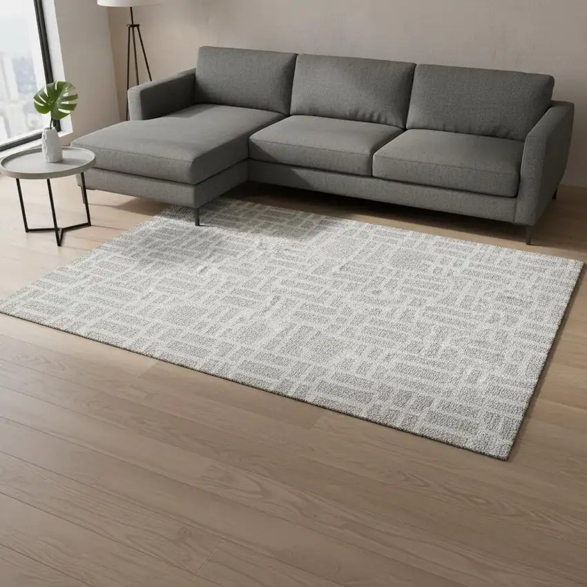 Silver And Ivory Geometric Washable Area Rug With UV Protection Photo 2