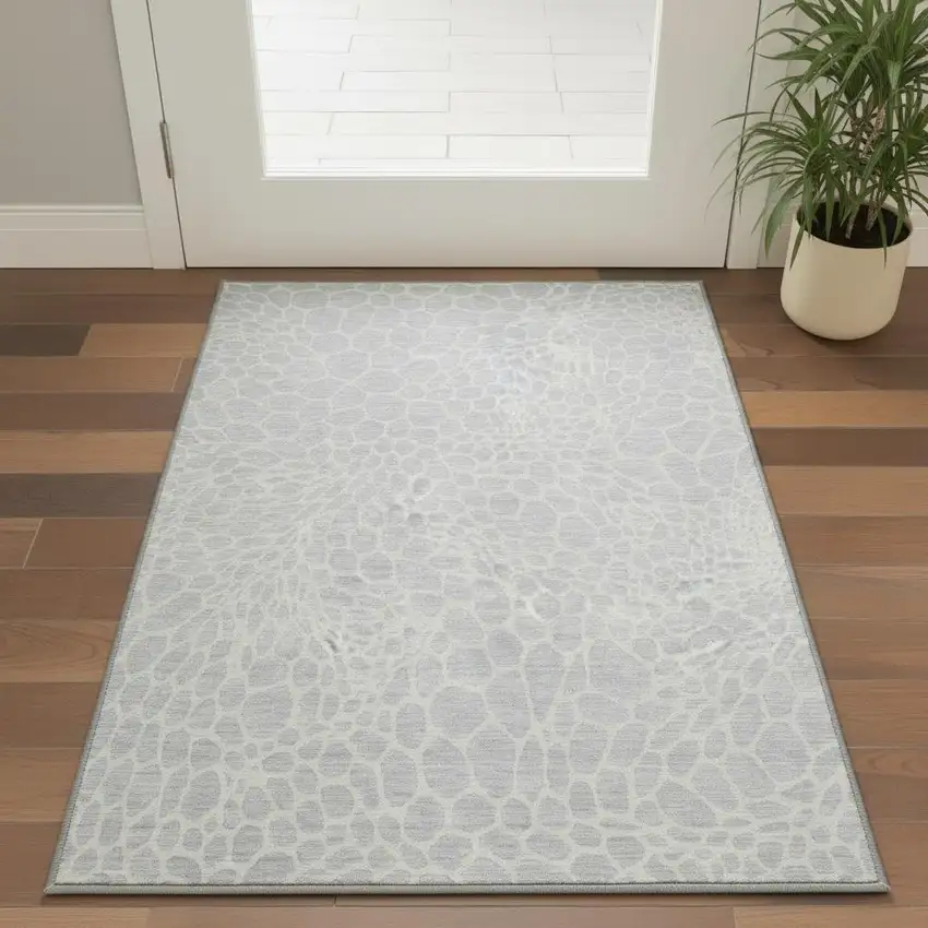 Silver And Ivory Geometric Washable Area Rug With UV Protection Photo 2