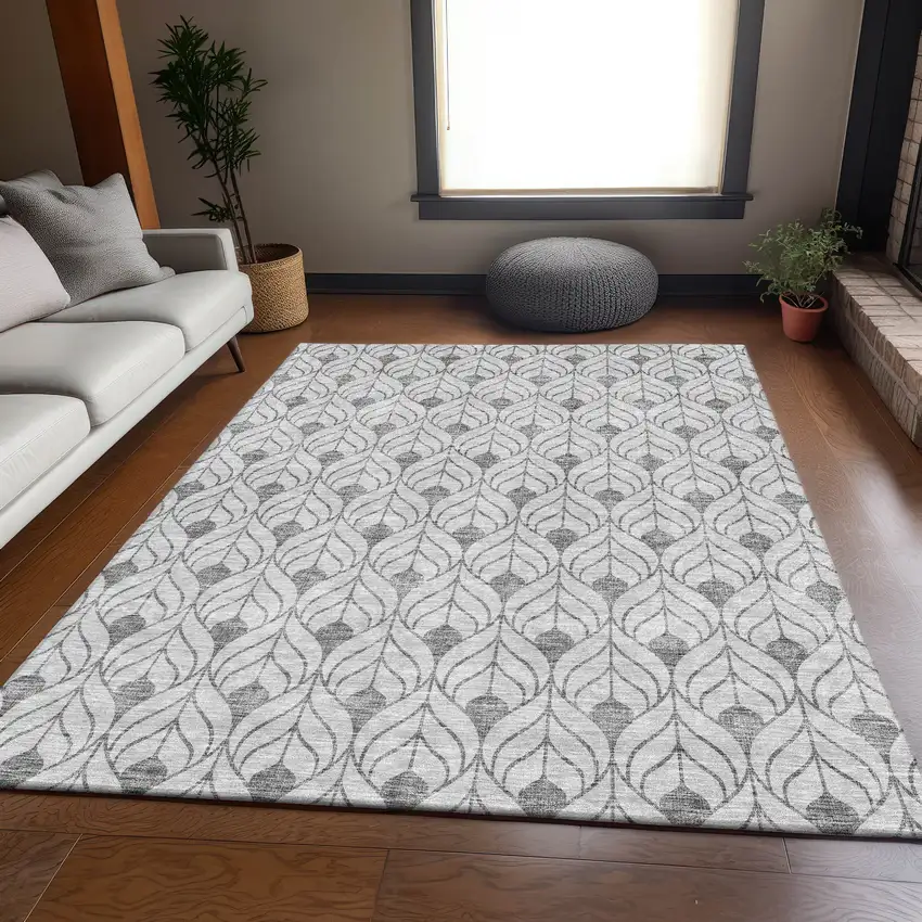 Silver And Ivory Geometric Washable Area Rug With UV Protection Photo 5
